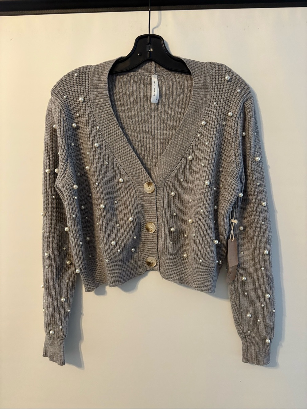 Dreamers Gray Pearl-Embellished V-Neck Cardigan NWT